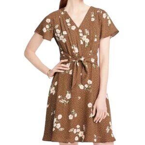 Brown Floral Tie-Waist V-Neck Dress